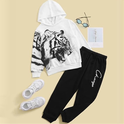 

Kids Boys Hoodie Pants HoodieSet Clothing Set 2 Pieces Long Sleeve Black Tiger Letter Animal Print Street Sports Vacation Fashion Comfort Cool Daily 3-12 Years