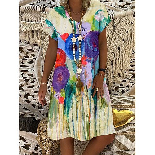 

Women's Shift Dress Short Mini Dress Beige Short Sleeve Floral Print Spring Summer V Neck Casual Vacation 2022 S M L XL XXL 3XL