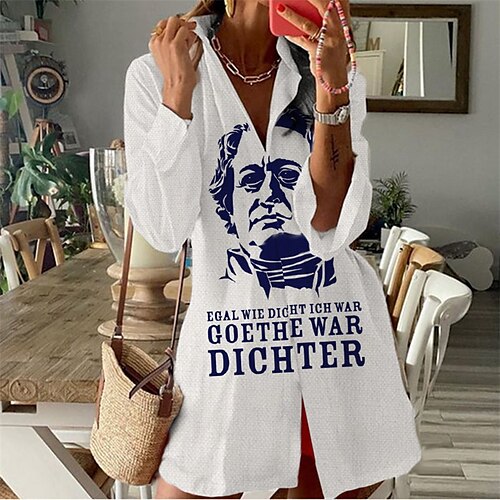 

Women's Shift Dress Short Mini Dress White Long Sleeve Letter Button Print Fall Spring Shirt Collar Casual Fashion 2022 S M L XL XXL 3XL