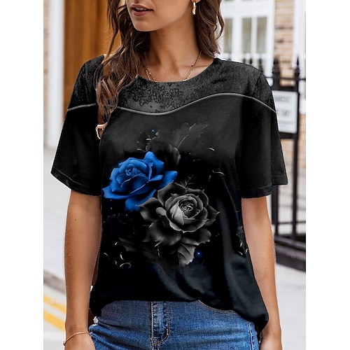 

Women's T shirt Tee Floral Rose Casual Holiday Weekend Floral Painting T shirt Tee Short Sleeve Print Round Neck Basic Essential Blue Purple Pink S / 3D Print