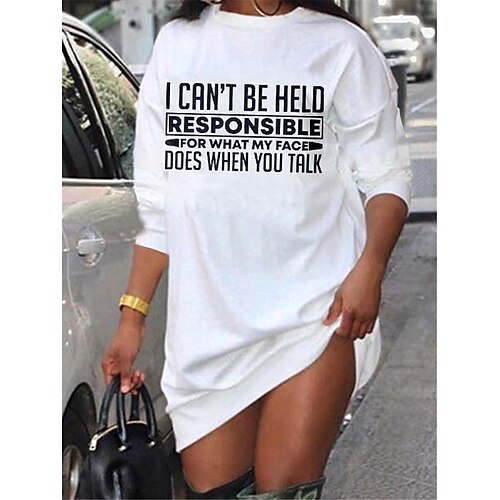 

Women's Shift Dress Short Mini Dress White Long Sleeve Letter Print Fall Spring Crew Neck Casual Fashion 2022 S M L XL XXL 3XL