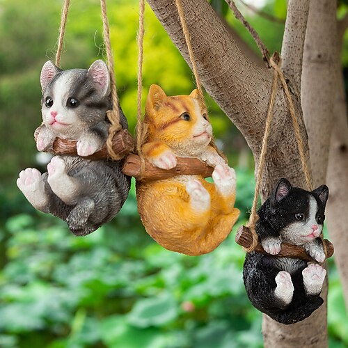 

Cute Swing Cat Sculpture Outdoor Patio Ornament Animal Resin Figurine Art Decorative Hanging Cat Statues