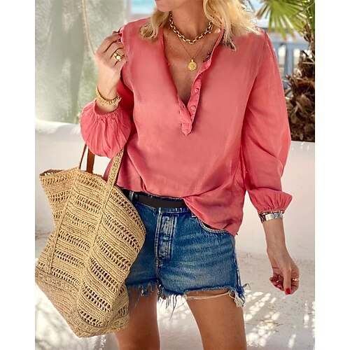 

Women's Shirt Plain Daily Weekend Shirt Long Sleeve Button V Neck Casual Streetwear Red S