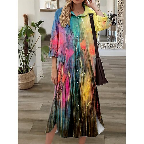 

Women's Shift Dress Midi Dress Green Purple Yellow 3/4 Length Sleeve Color Gradient Button Print Fall Spring Shirt Collar Casual Fashion 2022 S M L XL XXL 3XL