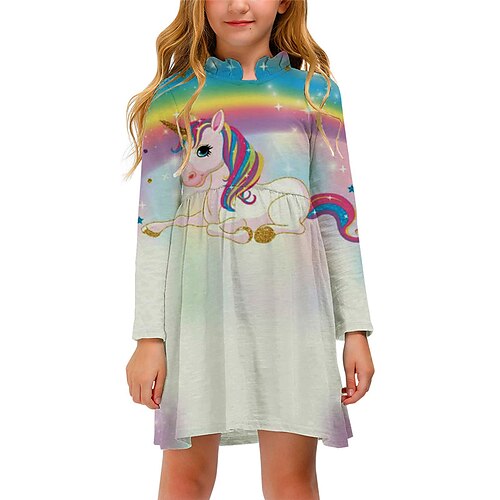 

Kids Little Girls' Dress Rainbow Unicorn Animal A Line Dress Daily Holiday Vacation Print Beige Above Knee Long Sleeve Casual Cute Sweet Dresses Fall Spring Regular Fit 3-12 Years