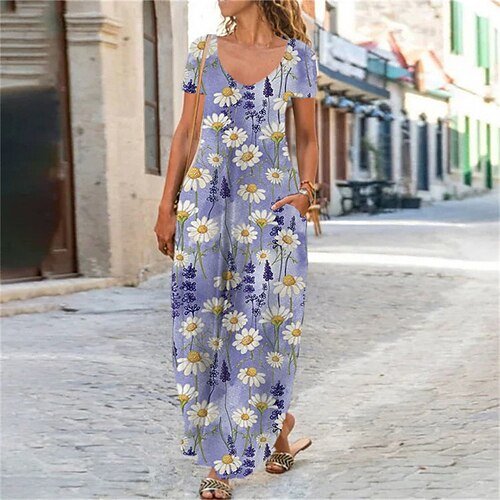 

Women's Shift Dress Maxi long Dress Purple Short Sleeve Floral Pocket Print Spring Summer V Neck Elegant Casual Vacation 2022 S M L XL XXL 3XL