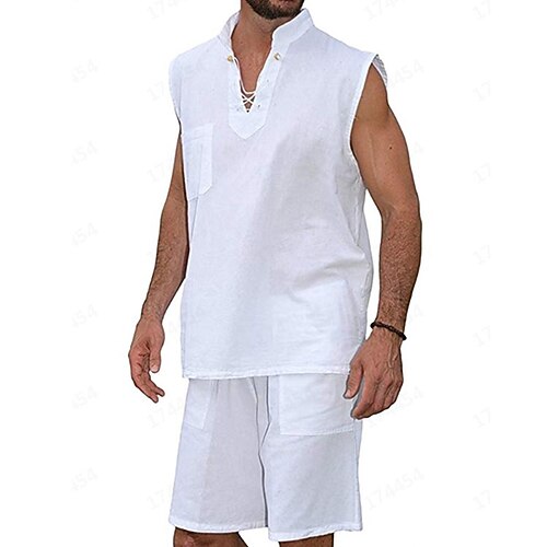 

Men's Shirt Set Solid Color Stand Collar Khaki White Black Street Daily Sleeveless Drawstring Clothing Apparel 2pcs Fashion Casual Comfortable / Summer / Summer