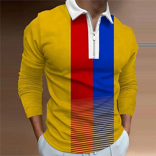 

Men's Collar Polo Shirt Golf Shirt Striped Turndown Yellow 3D Print Outdoor Street Long Sleeve Zipper Print Clothing Apparel Fashion Designer Casual Breathable