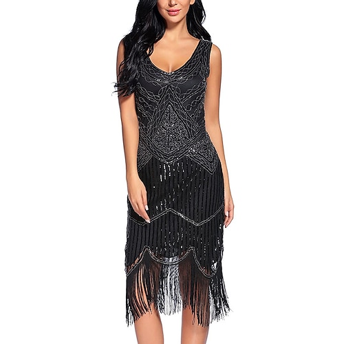 

Sheath / Column Cocktail Dresses Vintage Dress Party Wear Court Train Sleeveless V Neck Polyester with Sequin Tassel 2022 / Sparkle & Shine