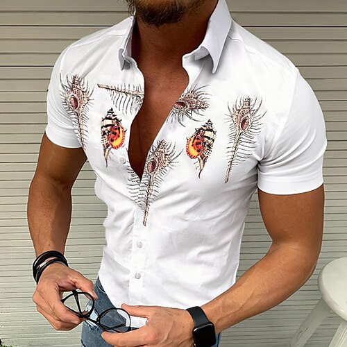 

Men's Shirt 3D Print Conch Turndown Street Casual Button-Down Print Short Sleeve Tops Casual Fashion Breathable Comfortable White