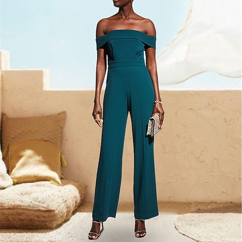 

Jumpsuits Evening Dresses Sexy Dress Prom Floor Length Short Sleeve Off Shoulder Stretch Fabric with Sash / Ribbon Pure Color 2022