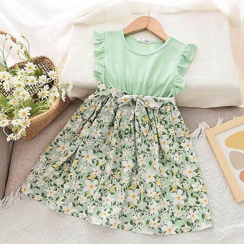 

Kids Toddler Little Girls' Dress Floral Holiday Vacation Ruched Lace up Ruffle Green Knee-length Sleeveless Vacation Cute Dresses Summer Regular Fit 1pc / pack 3-8 Years