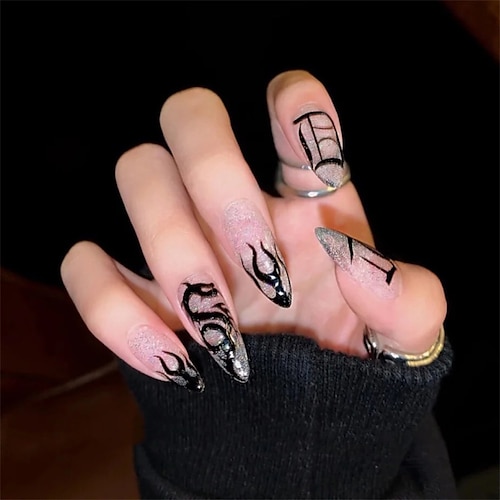 

24pcs Fake Nails Wear Nails Black Pointed Almond Nails Manicure Patches Nail Stickers Nail Stickers