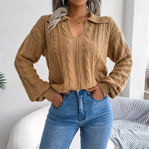 

Women's Jumper Crochet Knit Knitted Solid Color V Neck Stylish Casual Outdoor Daily Winter Fall Blue Khaki S M L / Long Sleeve / Sweater / Regular Fit / Going out