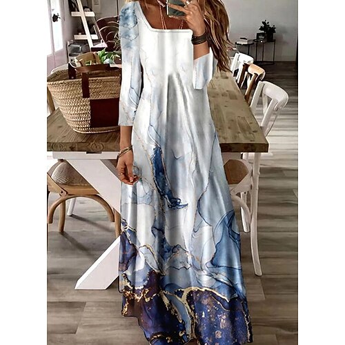 

Women's A Line Dress Maxi long Dress Blue 3/4 Length Sleeve Print Print Spring Summer Square Neck Stylish Casual Linen S M L XL XXL 3XL 4XL