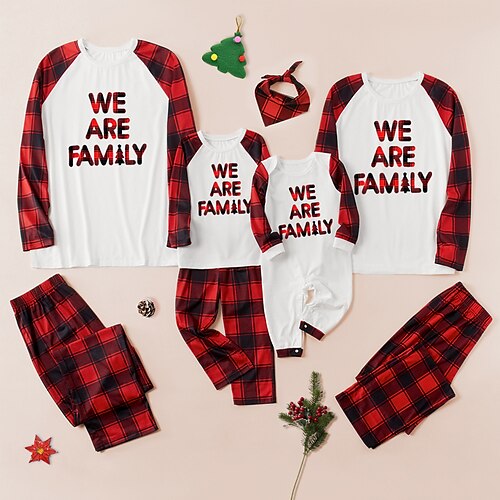 

Christmas Pajamas Family Set Ugly Plaid Letter Christmas Tree Daily Patchwork White Long Sleeve Mom Dad and Me Daily Matching Outfits Spring Fall Casual Print