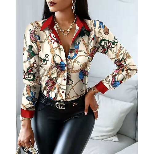 

Women's Shirt Black White Beige Graphic Floral Patchwork Print Long Sleeve Casual Daily Vintage Casual Shirt Collar Cotton S