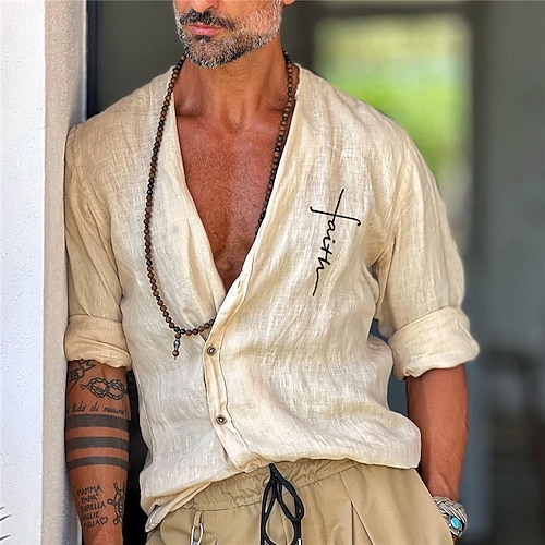 

Men's Shirt Hot Stamping Graphic Patterned Letter V Neck Street Casual Button-Down Print Long Sleeve Tops Designer Casual Fashion Big and Tall White / Summer / Spring / Summer