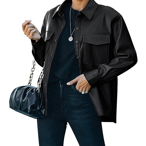 

Women's Faux Leather Jacket Short Pocket Coat Black Wine Khaki Apricot Casual Street Fall Single Breasted Turndown Regular Fit S M L XL XXL 3XL