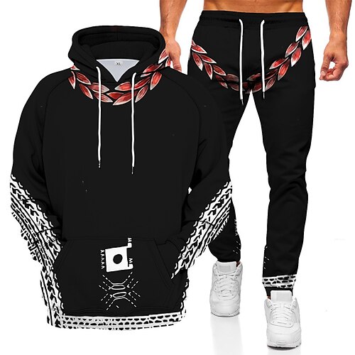 

Men's Tracksuit Hoodies Set Graphic Patterned Color Block 2 Piece Print Sports Outdoor Casual Sports 3D Print Sportswear Basic Essential Hoodies Sweatshirts Black And White Black Blue