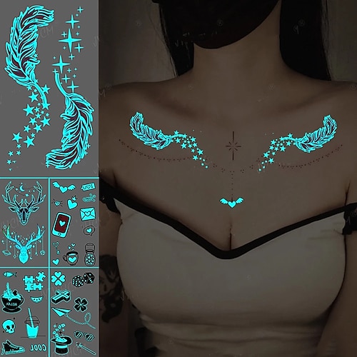 

5 pz autoadesivo del tatuaggio luminoso blu luminoso stella piuma impermeabile sexy tatuaggio temporaneo body art petto tatuaggio finto per uomini donne