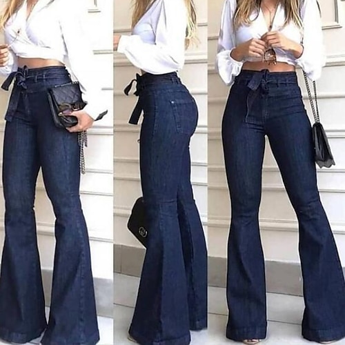 Women's Flare Wide Leg Pants Trousers Jeans Denim Faux Denim Black Blue Mid Waist Fashion Work Casual Weekend Micro-elastic Full Length Comfort Solid Color S M L XL 2XL, lightinthebox  - buy with discount
