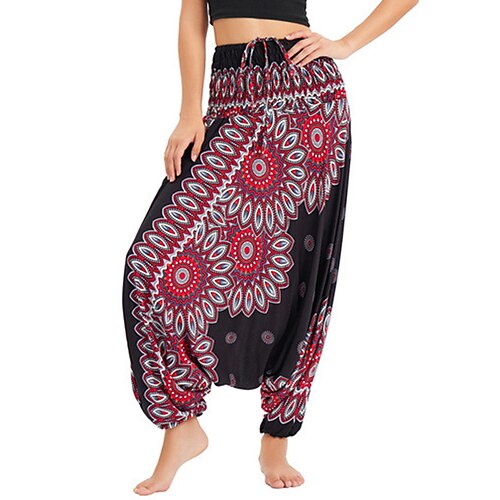 

Women's Hip-Hop Hippie Joggers Harem Pants Baggy Drawstring High Cut Full Length Pants Casual Weekend Micro-elastic Graphic Patterned Comfort High Waist Loose Black Blue Red One-Size / Boho / Print