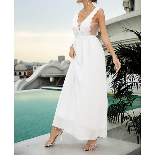 

Femme robe soirée Sans Manches Printemps Eté - Mode Romantique Dentelle Patchwork Fendu Couleur monochrome Col V Mariage Soirée Anniversaire 2022 Blanche S M L XL