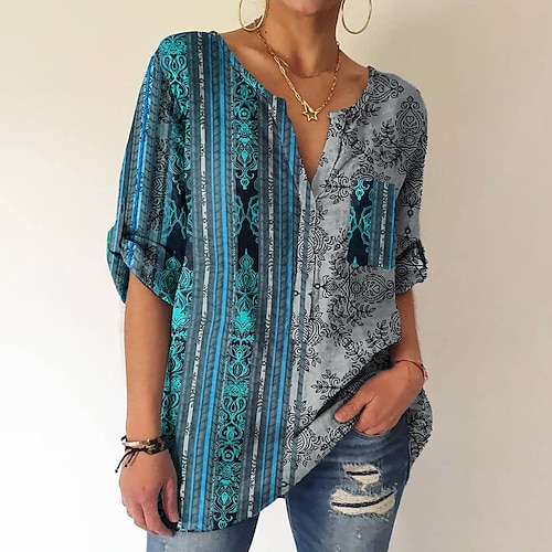 

Damen Hemd Bluse Tunika Blau Blumen Gestreift Taste Tasche Langarm Täglich Wochenende Strassenmode Brautkleider schlicht V Ausschnitt Lang Blume S