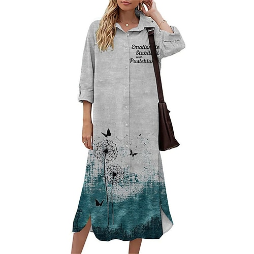 

Women's Shift Dress Midi Dress Gray 3/4 Length Sleeve Butterfly Letter Animal Button Print Fall Spring Shirt Collar Casual Fashion 2022 S M L XL XXL 3XL