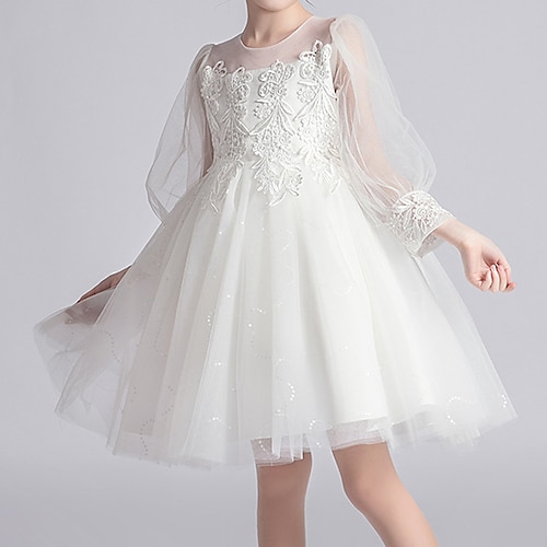 

Event / Party First Communion Princess Flower Girl Dresses Jewel Neck Above Knee Lace Tulle Winter Fall with Petal Lace Cute Girls' Party Dress Fit 3-16 Years