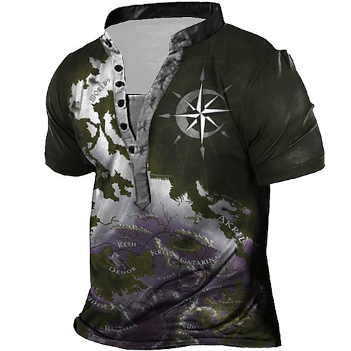 

Men's Henley Shirt Tee T shirt Tee 3D Print Graphic Patterned Map Plus Size Stand Collar Daily Sports Button-Down Print Short Sleeve Tops Designer Basic Casual Big and Tall Green Purple Dark Green