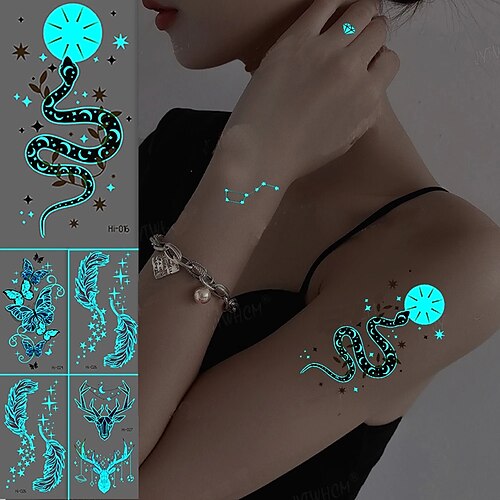 

5 PCS Blue Luminous Tattoo Sticker Glowing Snake Waterproof Deer Feather Butterfly Temporary Tattoo Art Fake Tattoo Body Art Women Men