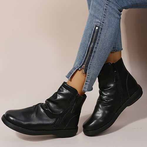 

Women's Boots Booties Ankle Boots Block Heel Round Toe Daily PU Zipper Fall Winter Solid Colored Black