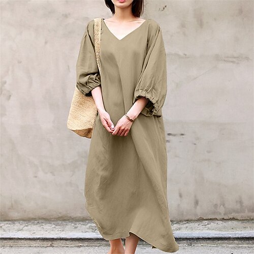 

Women's Shift Dress Midi Dress Green Black Khaki Long Sleeve Pure Color Ruched Spring Summer V Neck Casual Vintage Lantern Sleeve 2022 S M L XL XXL 3XL 4XL 5XL