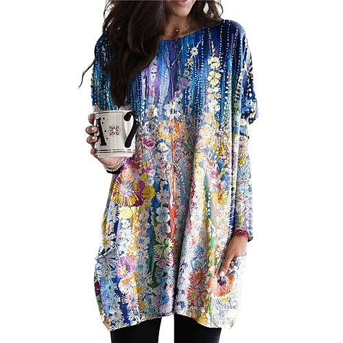 

Women's Shift Dress Short Mini Dress Green Blue Purple Long Sleeve Floral Pocket Print Fall Spring Crew Neck Casual Vacation 2022 S M L XL XXL 3XL