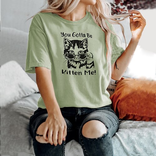 

Women's T shirt Tee Cat Text Casual Weekend Cat Painting T shirt Tee Short Sleeve Print Round Neck Basic Essential White Pink Light Green S