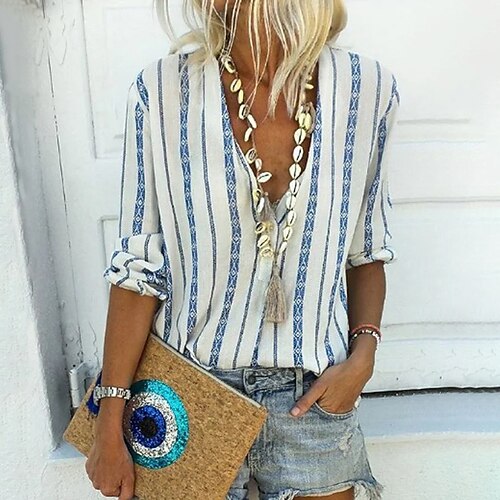 

Women's Blouse Striped Daily Weekend Blouse Shirt Long Sleeve Button Print Shirt Collar Casual Streetwear Blue S / 3D Print