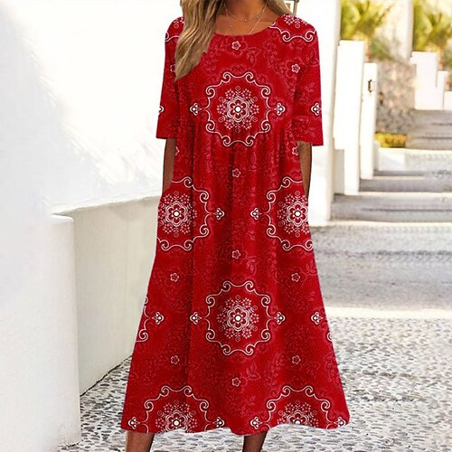 

Women's A Line Dress Midi Dress Blue Red Half Sleeve Floral Print Spring Summer Round Neck Casual 2022 S M L XL XXL 3XL