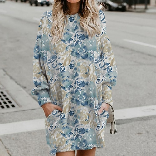

Women's Shift Dress Short Mini Dress Blue Long Sleeve Floral Pocket Print Fall Winter Hooded Casual 2022 S M L XL XXL 3XL