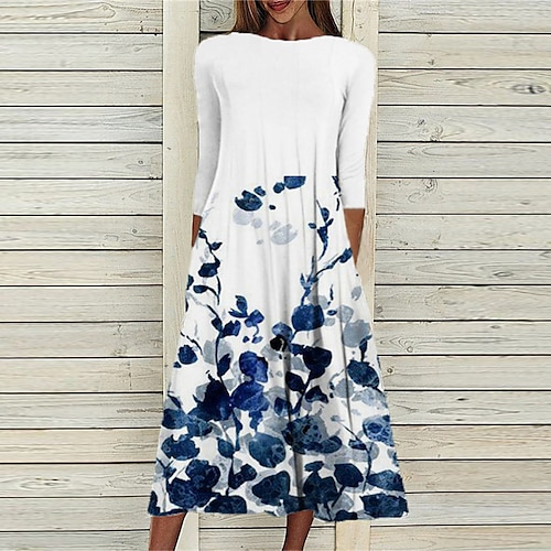 

Women's Shift Dress Midi Dress Green Blue Yellow 3/4 Length Sleeve Floral Ruched Print Fall Spring Round Neck Casual Vacation 2022 S M L XL XXL 3XL