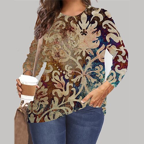 

Women's Plus Size Tops Pullover Sweatshirt Floral Print Long Sleeve Crewneck Streetwear Daily Vacation Microfiber Fall Spring Yellow