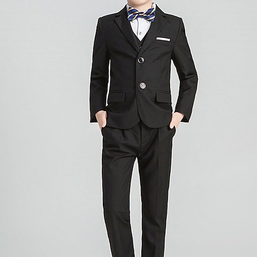 

4 Pieces Kids Boys Blazer Pants Formal Set Long Sleeve Clothing Set Solid Color Party Vacation Fashion Gentle Regular 3-13 Years Black Navy Blue