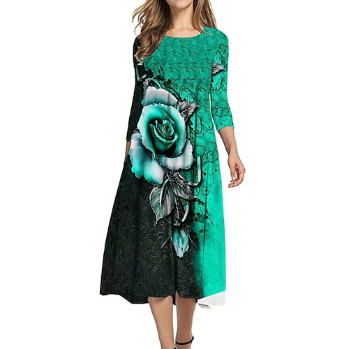 

Women's Shift Dress Midi Dress Green Purple Wine Orange 3/4 Length Sleeve Floral Ruched Print Fall Spring Round Neck Casual Vacation 2022 S M L XL XXL 3XL