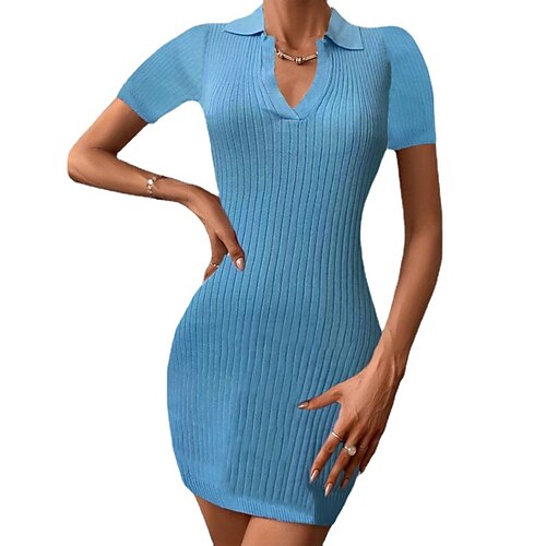 

Women's Bodycon Short Mini Dress Green White Black Blue Purple Pink Short Sleeve Pure Color Knit Spring Summer Shirt Collar Fashion 2022 S M L XL / Long Sleeve