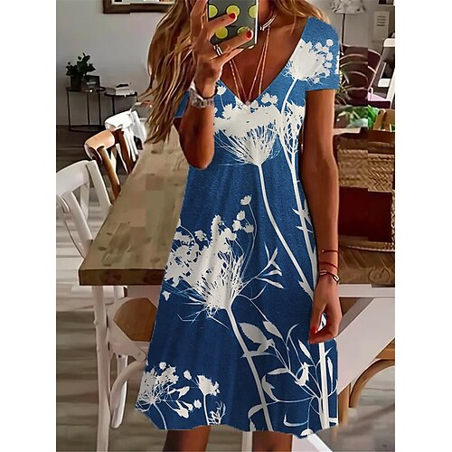 

Women's Casual Dress Shift Dress Blue Yellow Fuchsia Short Sleeve Floral Print Spring Summer V Neck 2022 S M L XL XXL 3XL