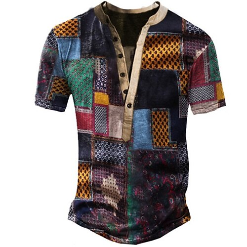 

Men's Henley Shirt Tee T shirt Tee 3D Print Patchwork Graphic Patterned Tartan Plus Size Henley Daily Sports Button-Down Print Short Sleeve Tops Basic Classic Comfortable Big and Tall Rainbow