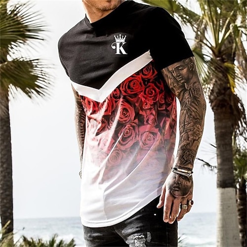 

Men's T shirt Tee Floral Graphic Prints Poker Crew Neck Black / White 3D Print Outdoor Street Short Sleeve 3D Print Clothing Apparel Fashion Breathable Comfortable Big and Tall / Summer / Spring