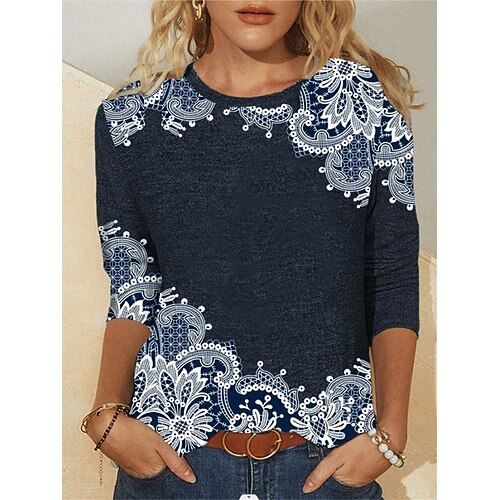 

Women's T shirt Tee Tribal Casual Daily Holiday T shirt Tee Long Sleeve Patchwork Print Round Neck Basic Essential Blue S / 3D Print