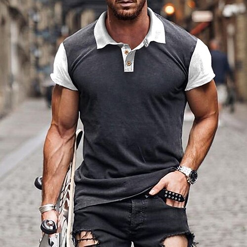

Men's Collar Polo Shirt Golf Shirt Patchwork Turndown Dark Gray Street Daily Short Sleeve Button-Down Clothing Apparel Fashion Casual Comfortable / Beach